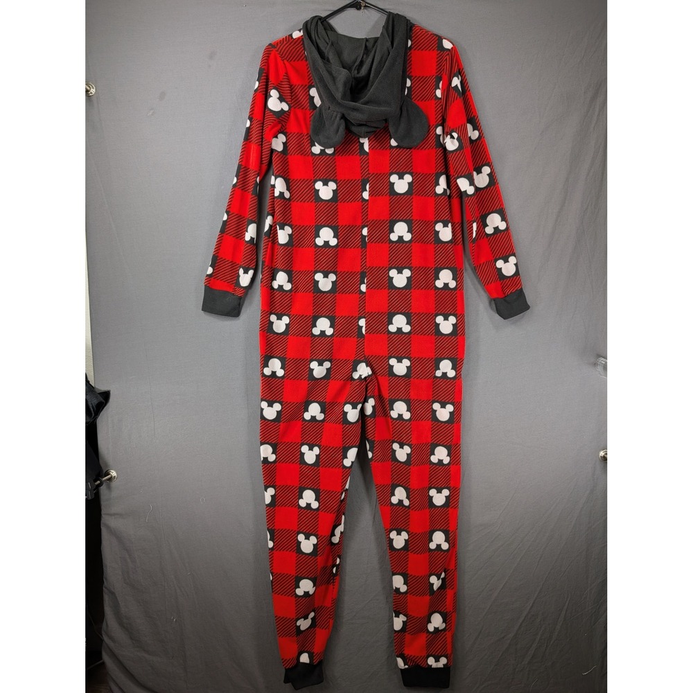 Disney 100 Mickey Mouse‎ Buffalo Plaid Hooded One Piece Pajamas Red Black Medium - Picture 2 of 9